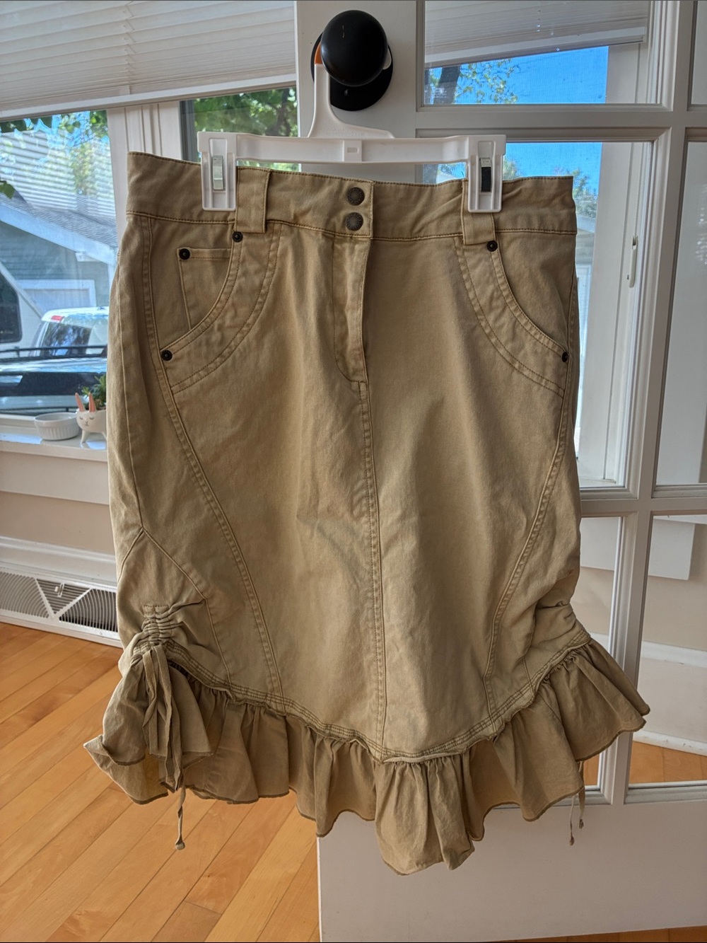 BDG Midi Ruffle-Hem Utility Skirt in Khaki